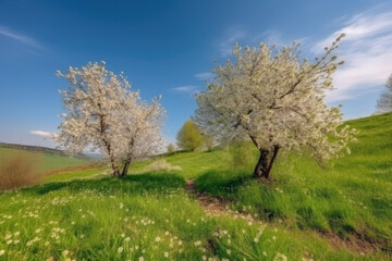 Two blooming fruit trees on a hilly flower meadow in spring in rural landscape with blue sky