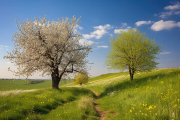 Fototapeta na wymiar Two blooming fruit trees on a hilly flower meadow in spring in rural landscape with blue sky
