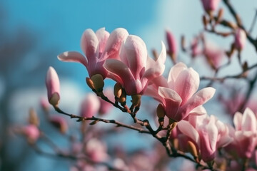 Beautiful pink magnolia on blue sky background.
