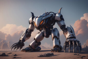 Large Alien Creature Shaped Mech Warrior Robot with Large Clawed Hands Sci-Fi Background Generative AI illustration