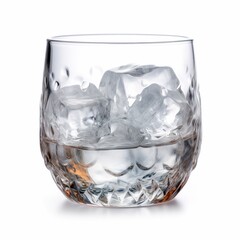 Ice cubes are inside a faceted glass that is isolated on white, Generative AI.