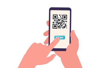 Hand holds smartphone scanning the QR code. Concept online shopping and payment, conducting transactions, searching applications.