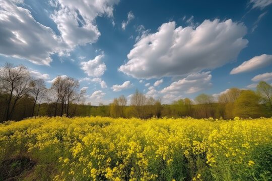 Picturesque sunny field with bright yellow flowers under blue sky.