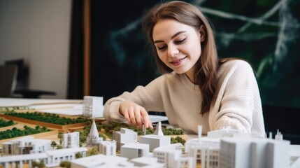 Happy female architect looking at architectural models with buildings and green space. Generative AI AIG21.