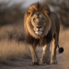 A beautiful male lion strolls in front of the camera, Generative AI.
