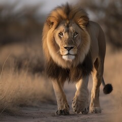 Fototapeta premium A beautiful male lion strolls in front of the camera, Generative AI.