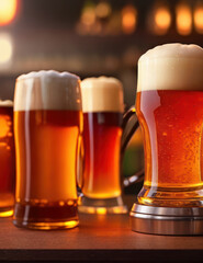 Mugs full of beer on a bar counter, dramatic lighting generative AI illustration