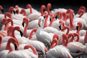 Naklejka premium A white bird standing out from a flock of flamingos.