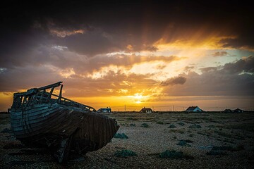 Sunset over the Dungeness Landscape with abandoned fishing boat.