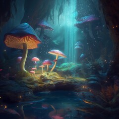 Fototapeta na wymiar enchanted forest with glistening magic mushrooms. Generative AI.