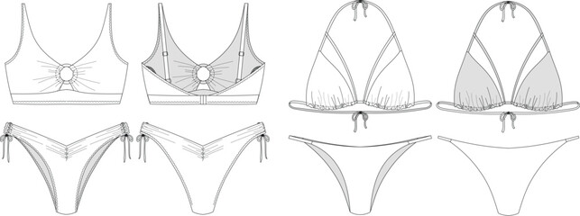 "Woman sustainable swimwear, technical drawing, template, sketch, flat, mock up. Recycled PA, Recycled PES, Lycra fabric swimwear front and back view, white color"