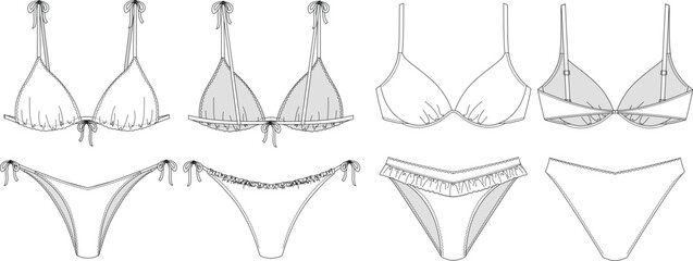 "Woman sustainable swimwear, technical drawing, template, sketch, flat, mock up. Recycled PA, Recycled PES, Lycra fabric swimwear front and back view, white color"