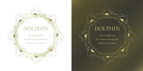 素材_フレームのセット_イルカをモチーフにした金色の飾り枠。高級感のある夏のイメージ