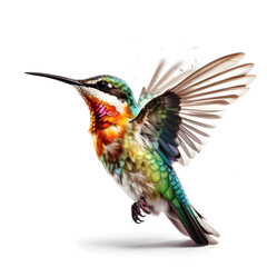 Colorful bird in flight, white background. Generative AI