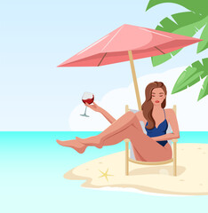 A beautiful woman is relaxing on the beach. Summer vacation.
