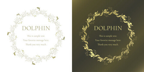 素材_フレームのセット_イルカをモチーフにした金色の飾り枠。高級感のある夏のイメージ