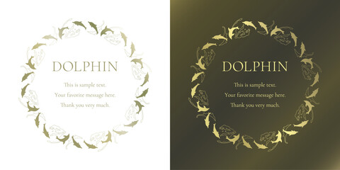 素材_フレームのセット_イルカをモチーフにした金色の飾り枠。高級感のある夏のイメージ