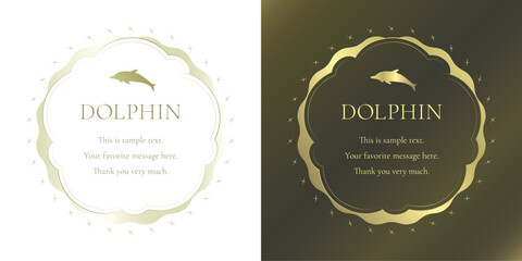 素材_フレームのセット_イルカをモチーフにした金色の飾り枠。高級感のある夏のイメージ