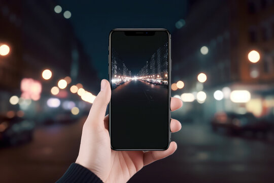 Image of male holding smartphone on street at night.