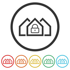 Home padlock security logo. Set icons in color circle buttons