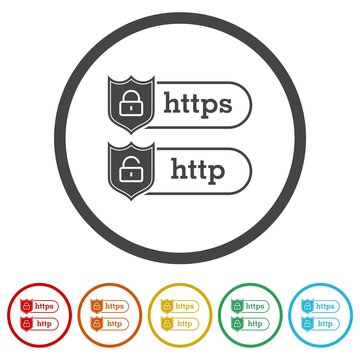 HTTP and HTTPS protocols on shield. Set icons in color circle buttons