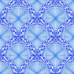 Majolica pattern. Sicilian hand drawn yellow gold ornament. Traditional blue and white ceramic tiles. Portuguese traditional azulejo pattern. Moroccan style.	