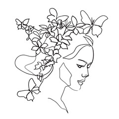 continuous line one line woman beautiful woman with flowers and a large butterfly fashion lifestyle illustration vector hand drawn