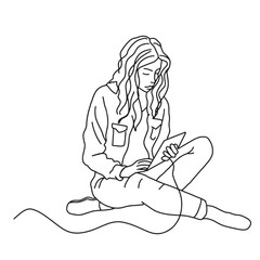 Continuous line. Freelan. Woman sitting and working at home. with computer schoolgirl lifestyle woman listening music podcast illustration vector hand drawn
