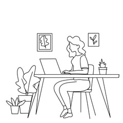Continuous line. Freelan. Woman sitting and working at home. with computer schoolgirl lifestyle woman listening music podcast illustration vector hand drawn