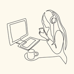 Continuous line. Freelan. Woman sitting and working at home. with computer schoolgirl lifestyle woman listening music podcast illustration vector hand drawn