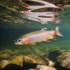 Naklejka premium Wild Rainbows are swimming in a natural stream. Generative AI.