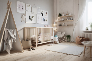 Fototapeta na wymiar Scandinavian nursery with modern minimalist decor, Generative AI