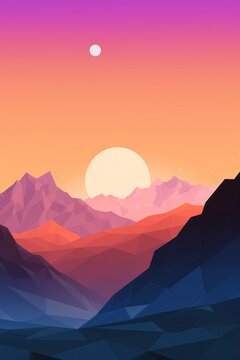 Mountain and the sunset, Abstract landscape poster. Nature wall decor contemporary art print, Generative AI © Gasi