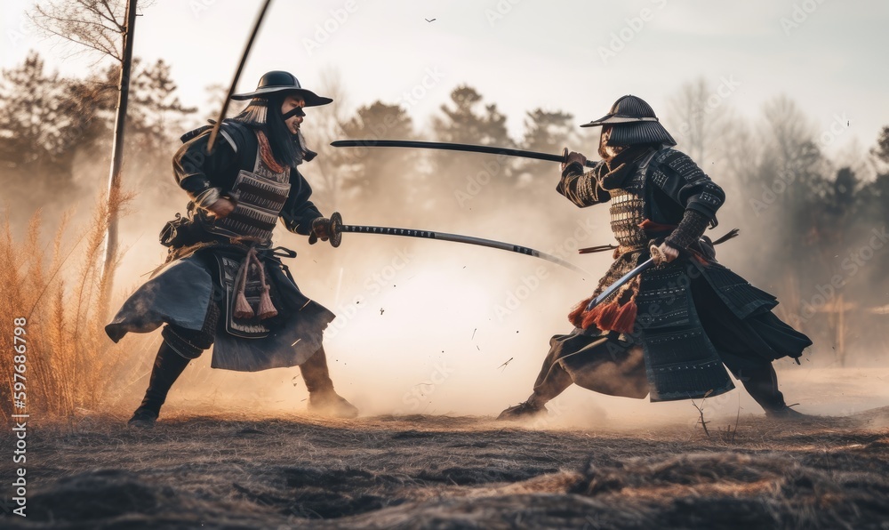 Wall mural The katana-wielding samurai engaged in a deadly fight Creating using generative AI tools