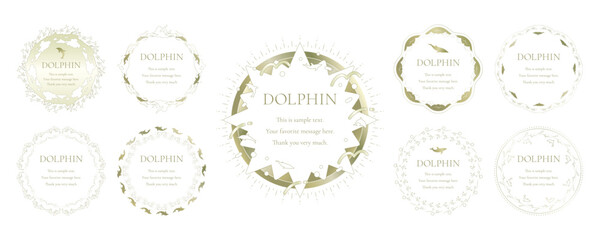 素材_フレームのセット_イルカをモチーフにした金色の飾り枠。高級感のある夏のイメージ
