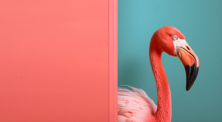Creative animal concept. Flamingo bird peeking over pastel bright background. advertisement, banner, card. copy text space. birthday party invite invitation