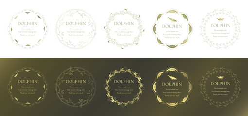 素材_フレームのセット_イルカをモチーフにした金色の飾り枠。高級感のある夏のイメージ