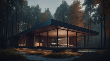 Modern flat roof house surrounded by nature. 3D visualization