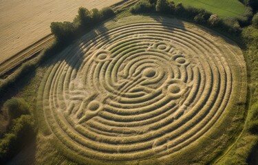 Fototapeta na wymiar A spiral crop circle has been drawn in a field in the sky. Generative AI.