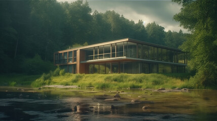 Fototapeta premium Modern flat roof house surrounded by nature. 3D visualization