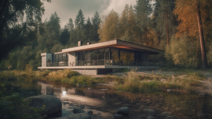 Obraz premium Modern flat roof house surrounded by nature. 3D visualization