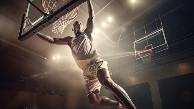 Professional Basketball player on basketball court in action. Slam dunk. Jump shot