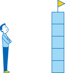 高い位置にある旗を見上げる男性
