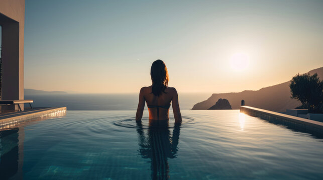 Gorgeous woman taking sun at a luxurious villa infinity swimming pool. Generative AI