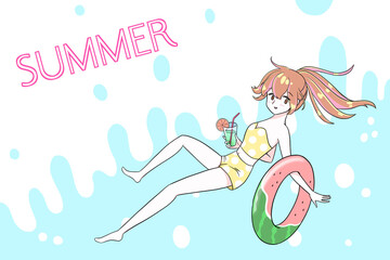 夏休みではしゃぐ女の子　浮き輪と水着　涼しげ　爽やか　イラスト　白背景　宙に浮く女の子　海水浴　真夏