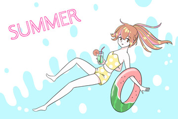 girl in a swimsuit  girl with a float summer vacation illustration  reminiscent of summer  girl with juice