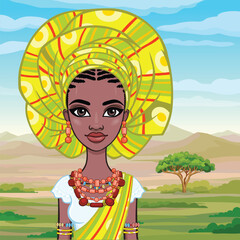 Animation portrait of a young African woman in ancient ethnic jewelry. Background - landscape desert, mountains, trees. Vector illustration.