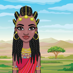 Animation portrait of a young African woman in ancient ethnic jewelry. Amazon, warrior, princess. Background - landscape desert, mountains, trees. Vector illustration.