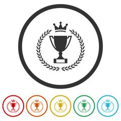 Winner cup and laurel wreath icon. Set icons in color circle buttons