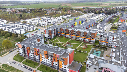 Obraz premium Wroclaw, Poland: aerial view, general landscape with new residential area. Buildings in different colours and styles.